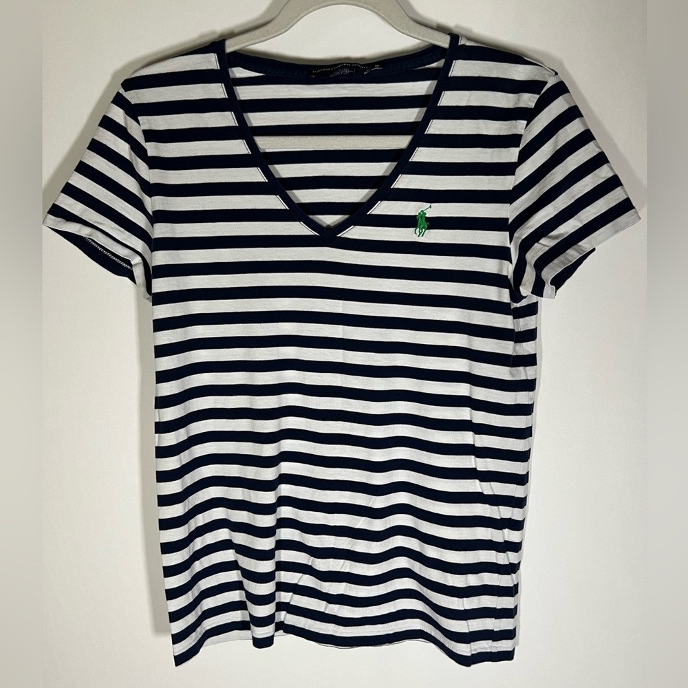 Vintage 90s Ralph Lauren Sport blue white striped v-neck tshirt sz M logo retro